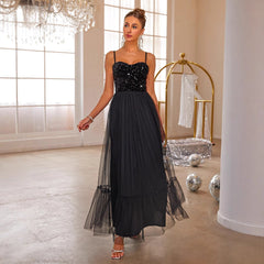 Sling Solid Color Sequ Mesh Dress