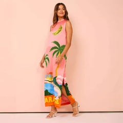 Sleeveless Round Neck Printed Casual Slit