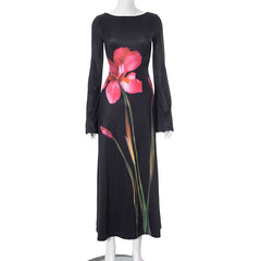 Intellectual Elegant round Neck Long Sleeve Back Hollow Out Cutout Print Length Dress