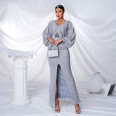 Elegant Long Sequined Long Sleeve V neck Cocktail Split Evening Dress Bridesmaid