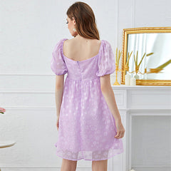 French Square Collar Puff Sleeve High Waist Pettidress Backless Dress