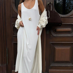 Camisón largo de punto blanco sin mangas para otoño, suelto, de punto suave, para mujer, para el hogar, se puede usar al aire libre
