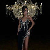 Mid Length Velvet High Split Beaded Heavy Industry