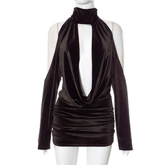 Halter Swing Collar Bare Back Velvet Dress