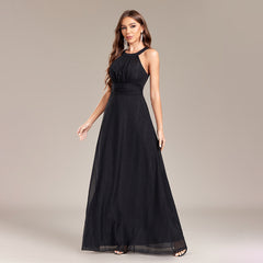 Halter Backless Pleated Waist Party Back Zipper Black a Large Swing Fully Lined Evening Dress