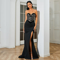 Long Sequined Sleeveless Wrapped Chest Backless Cocktail Evening Dress Bridesmaid
