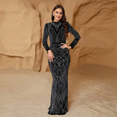 Vestido de noche de cóctel de manga larga, cuello redondo, corte entallado, largo con diamantes de imitación, vestido de dama de honor para