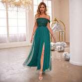 Vestido de noche con costura de gasa y lentejuelas, color liso