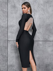Simple V neck Bandage Group Backless Tassel Long Sleeve Narrow Midi Dress for
