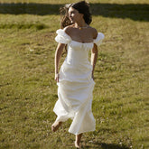 Sweet Court Puff Sleeve Square Collar Lace Solid Color Dress for