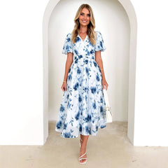 Popular Solid Color Short Sleeve Floral Dress