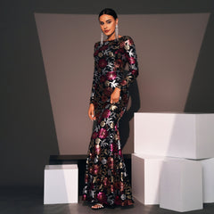 Abendkleid, langärmelig, Rundhalsausschnitt, schmal geschnitten, langes Pailletten-Cocktailkleid für Brautjungfern