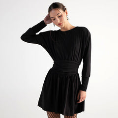 Solid Color Retro Long Sleeve Waist Tight Pleated Short Dress