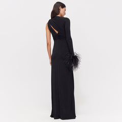 Black Long Sleeved Hollow Out Cutout out One Shoulder Feather Dress Dress