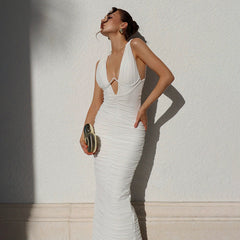 Dress High Grade White Dress Waist Slimming Deep V Plunge Bandage Dress