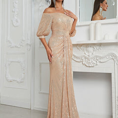 Elegantes, schulterfreies, paillettenbesetztes Abendkleid mit kurzen Ärmeln und hüftumspielendem Meerjungfrauenschnitt
