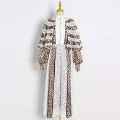 Elegant High Waist Lace Maxi Dress Cape Shawl Design Printed Maxi