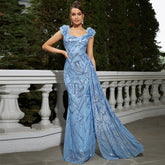 Sleeveless Elegant Square Collar Long Sequined Cocktail Fishtail Evening Dress Bridesmaid