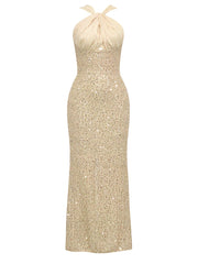 Neckholderkleid mit Paillettenbesatz, ärmellos, figurbetont, rückenfrei