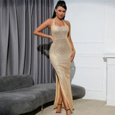 Split Sequ Dress Evening Maxi Gold Sequin Rhinestone