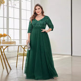 Vestido de fiesta elegante de noche con escote en V, manga corta, lentejuelas y tul, corte A, para graduación y fiesta, talla grande