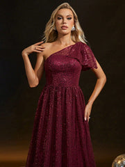 Sequined One Shoulder Evening Dress Bride Wine Red Toast Dress Adult Ceremony Party Dress Slim Fit Annual Party Evening