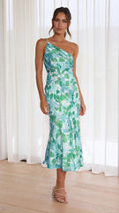 Kleid mit diagonalem Kragenriemen und Fischschwanz-Print