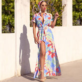 Printed Short Sleeved Lace up Cardigan Collared Dress