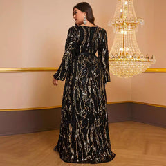 Plus Size Prom Party Dress Sequined Cross V neck Long Sleeve Dress Including Belt