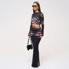 Twill Printed Waist Hollow Out Cutout Sheath Dress