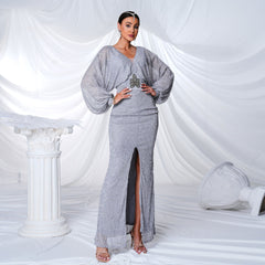 Elegante vestido de noche largo con lentejuelas, cuello en V y manga larga para cóctel y dama de honor.