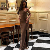 Elegant Backless Lace up Hip Dress Diagonal Collar Pleated Tube Top Solid Color Length Dress