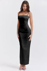 Slim Fit Backless Solid Color Suspender Sheath Dress for