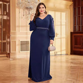 Plus Size Long Sleeve Dress V neck Bead Maxi Dress Slim Fishtail Bridesmaid Cocktail Evening