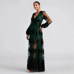 Maxi Dress High Split Ladies Long Sleeves Evening Dress