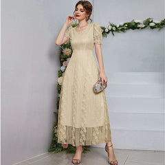 French Minority Slimming Mesh Stitching U Collar Solid Color Dress