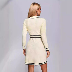 Long Sleeve Collared Knitted Classic Dress Button Contrast Color Slim Fit Short for