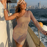 Wear Elastic Mesh Drilling Sloping Shoulder Dress Party Dress for