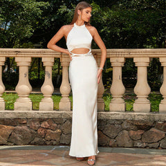 Vestido blanco adelgazante, dulce y picante, con escote halter y espalda descubierta