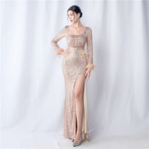 Craft Order Ostrich Feather Dinner Wedding Host Sequin Long Sleeve Evening Dress