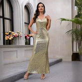 Sequined Suspender Maxi Dress Backless Waist Trimming Dress Small Dress