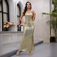 Sequined Suspender Maxi Dress Backless Waist Trimming Dress Small Dress