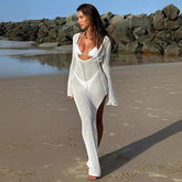 Beach Sun Protection Dress Knitted Hollow Out Cutout out See-through Seaside Vacation