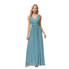 Chiffon Maxi Dress Double V Neck Sleeveless Swing Evening Dress Split Stretch Waistline Prom Gown