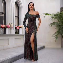 Popular Sequined Dress High Slit Oblique Collar Elegant Evening Dress
