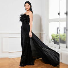 Long Sequined Sleeveless Feather Wrapped Chest Backless Cocktail Evening Dress Bridesmaid Bodycon Maxi