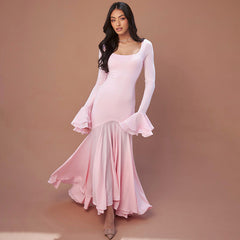 Solid Color Square Collar Lace Long Sleeved Pleated Wide Swing Elegant Dress