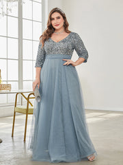 Plus Size V neck Short Sleeve Sequined Tulle A line Floor Elegant Prom Evening Dress Party Dress