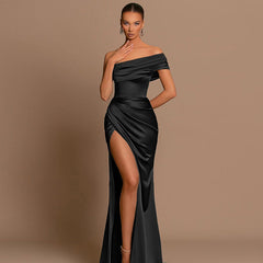 Mercerized Off The Shoulder Gown Split Socialite Split Maxi Dress