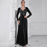 Elegant Long Sleeve round Neck Long Patchwork Dress Evening Dress